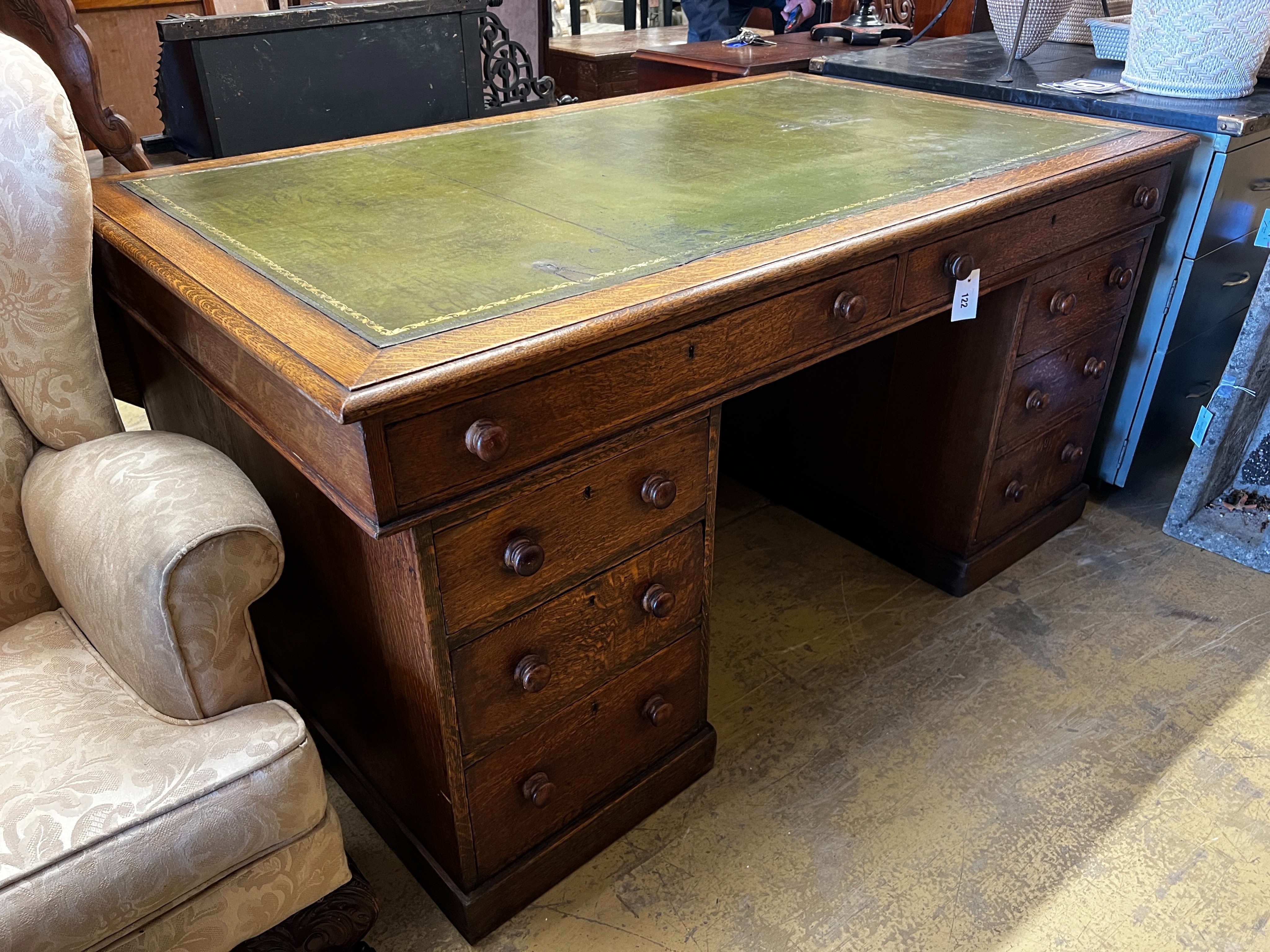 A Victorian oak pedestal desk, length 152cm, width 90cm, height 75cm